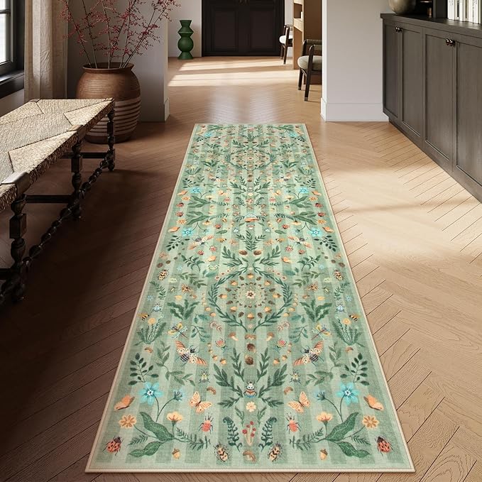 Lahome Chloe Insect Botanical 2'6"x8 Green Hallway Runner Rug, Bathroom Kitchen Runner Rugs Non Skid Washable, Soft Non-Slip Indoor Carpet Runners for Entryway Laundry Bedroom(Green,2'6"x8)