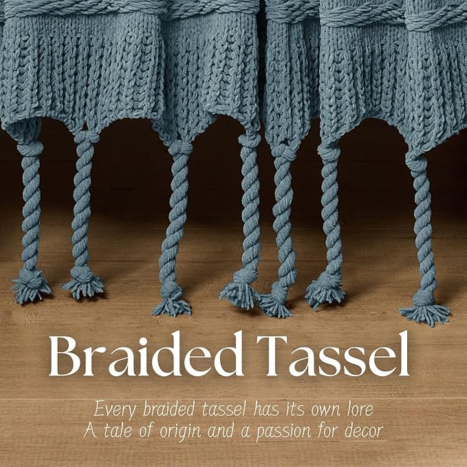 Boho Knitted Chenille Blanket with Tassels - Lightweight & Soft All-Season Throw - 3D Classic Pattern for Living Room Bedroom Couch, Celestial Blue, Queen 90"x90"