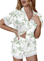 Ekouaer Womens Lace Satin Pajama Set Button Down Pj Shorts Set Bridesmaids Getting Ready Outfits Casual Sleepwear XS-XXL
