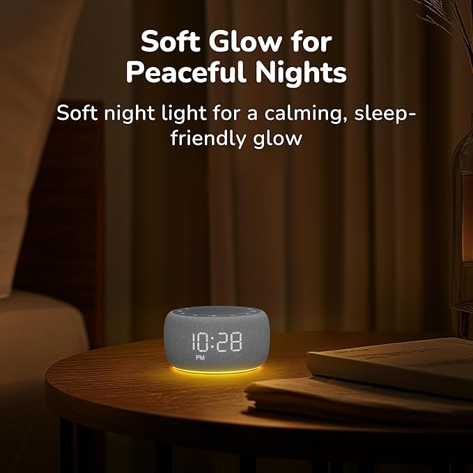 Buffbee Alarm Clock with Sound Machine for Bedrooms – 2-in-1 White Noise Machine for Sleep, Gentle Wake-Up with Soft Alarm Sounds, Ambient Night Light, Plug-in, Sleep Better, Wake Gently