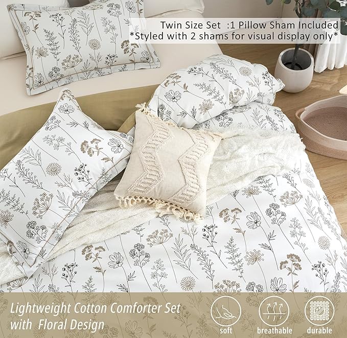 ALEISSEL White Botanical Cotton Comforter Twin Size - 2PC Lightweight Bedding Sets with Down Alternative Fill, Luxurious Pale Mustard Reversible Design (1 Comforter, 1 Pillowsham)