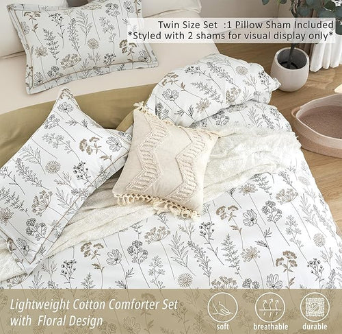 ALEISSEL White Botanical Cotton Comforter Twin Size - 2PC Lightweight Bedding Sets with Down Alternative Fill, Luxurious Pale Mustard Reversible Design (1 Comforter, 1 Pillowsham)