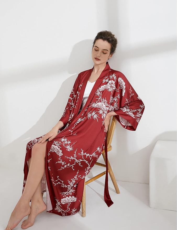 Aensso Long Soft Lightweight Silky Kimonos Robes for Women, Luxury Japanese Floral Womens Kimono Robe