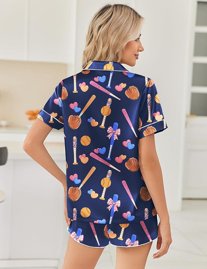 Ekouaer Womens Silk Satin Pajama Sets 2 Piece Button Down Silk Pjs Shorts Sets Cute Print Short Sleeve Sleepwear S-4XL