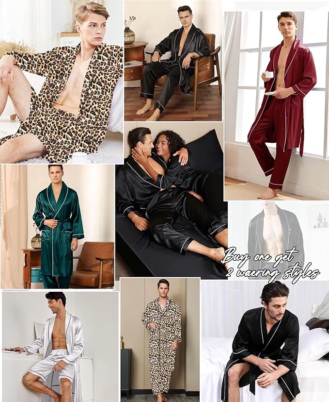 SWOMOG Men's Satin Robe 3 Pcs Silky Kimono Bathrobe Set Lightweight Soft Loungewear Nightwear