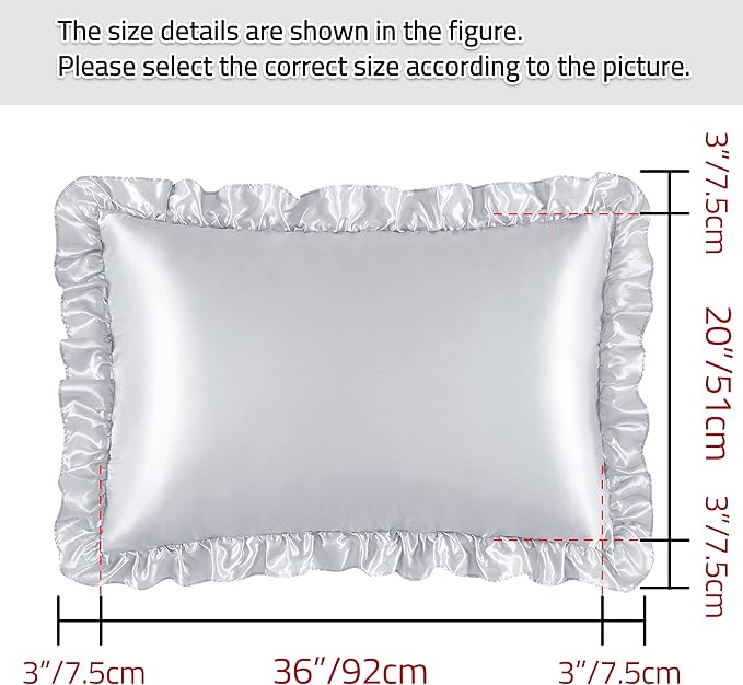 Silky Satin Ruffled Pillow Cases for Hair and Skin,Light Gray Silk Pillowcases King Set of 2 with Envelope Closure Princess Room Decoration