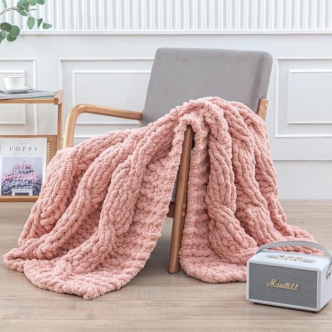 WESHIONGOO Chunky Knit Blanket Throw 50"×60" Knitted Throw Blankets for Couch Bed Fluffy Soft Blanket with Jumbo Chenille Yarn Thick 100% Handmade(Pink)