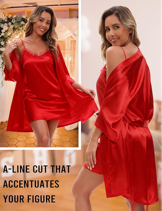 EPLAZA Bride Robe for Wedding Day Set Bridal Robes Satin Robe with Sexy Silk Lingerie for Bachelorette Party Getting Ready