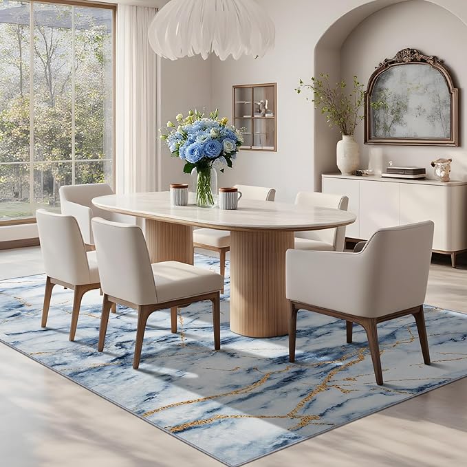 CRYPTOLITE Living Room Rug Washable Abstract Rugs with Non-Slip Backing Low Pile Area Rug for Living Room, Bedroom, Dining Room, 6x9, Blue