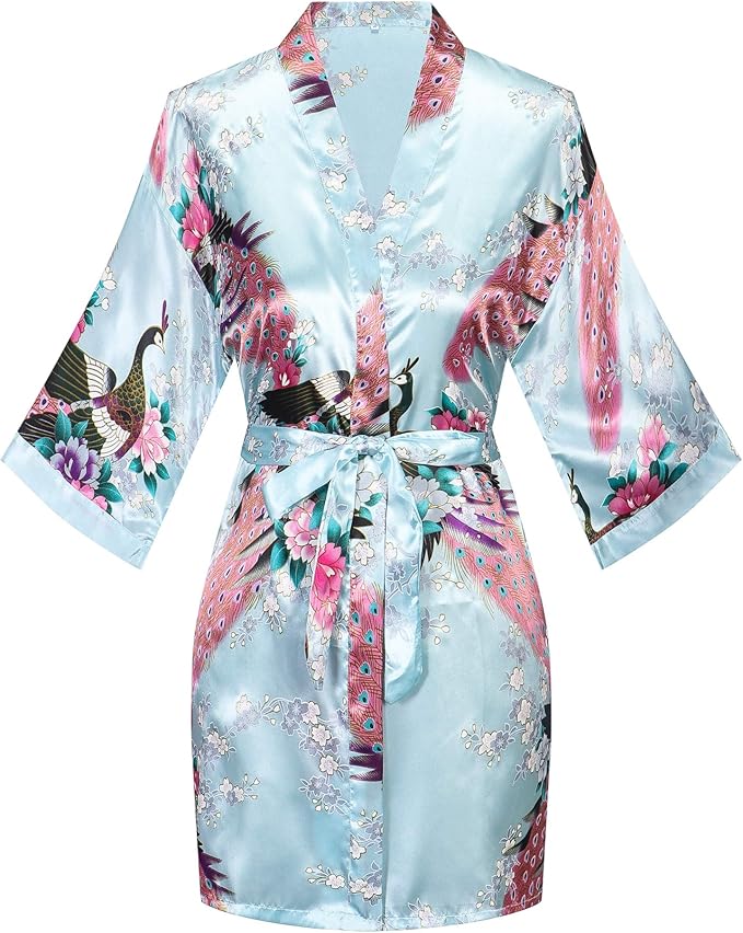 Women's Short Kimono Robes Bride and Bridesmaid Satin Floral Bathrobe Peacock Sleepwear Dressing Gown for Wedding Party