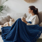 Throw Blanket for Couch, Navy Blue Luxury Knitted Throws 50"x60", Textured Blankets with Handmade Fringe Tassels for Bed Sofa Decorative, Chunky Soft Farmhouse Boho Home Decor
