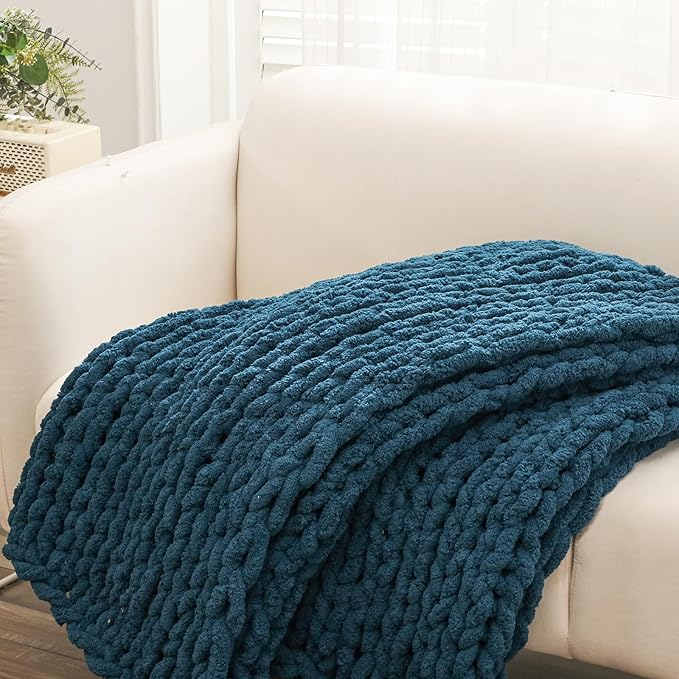 YAAPSU Chunky Knit Throw Blanket for Couch, 51“x63”, 100% Hand Knitted Thick Cable Knit with Cozy Jumbo Chenille Yarn, Soft Large Rope Knot Crochet Blankets for Sofa Bed Living Room Décor, Ocean Blue