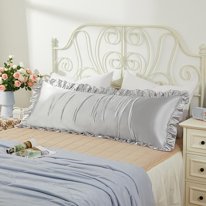 Light Gray Satin Pillowcases Body Pillow for Hair and Skin,Light Gray Body Pillow Silk Pillowcase with Envelope Closure Princess Room Decoration