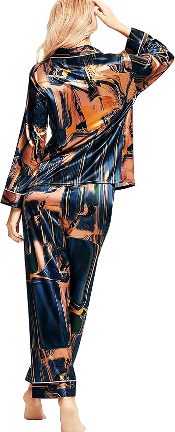 SIHA Satin Silk Pajamas for Women Pajama Set With Long Sleeve Button-Down Satin Pajamas Sleepwear XS-3XL