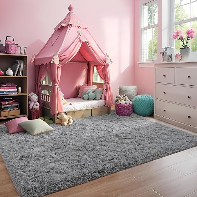 Grey Area Rug 8x10 Large Rugs for Living Room Bedroom, Fluffy Soft Rug Modern Carpets for Kids Room, Non-Skid Rectangular Indoor Rug for Girls Boys Playroom Nursery Room Home Decor