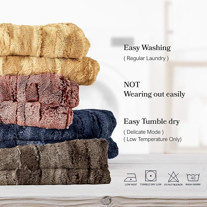 MHD l [Made in Korea] Premium Faux Fur Throw Blanket : Luxury Double-Sided 15mm Microfiber Blanket, 800 GSM :Tan Navy, 60" x 79"