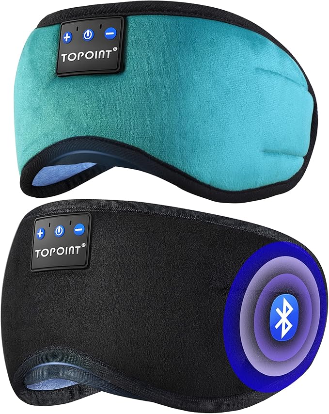 TOPOINT Sleep Headphones, Bluetooth Sleep Mask with Bluetooth Headphones Cotton Sleeping Headphones Bluetooth Eye Mask with Microphone Hands Free Light Blackout for Side Sleepers Father's Day Gift