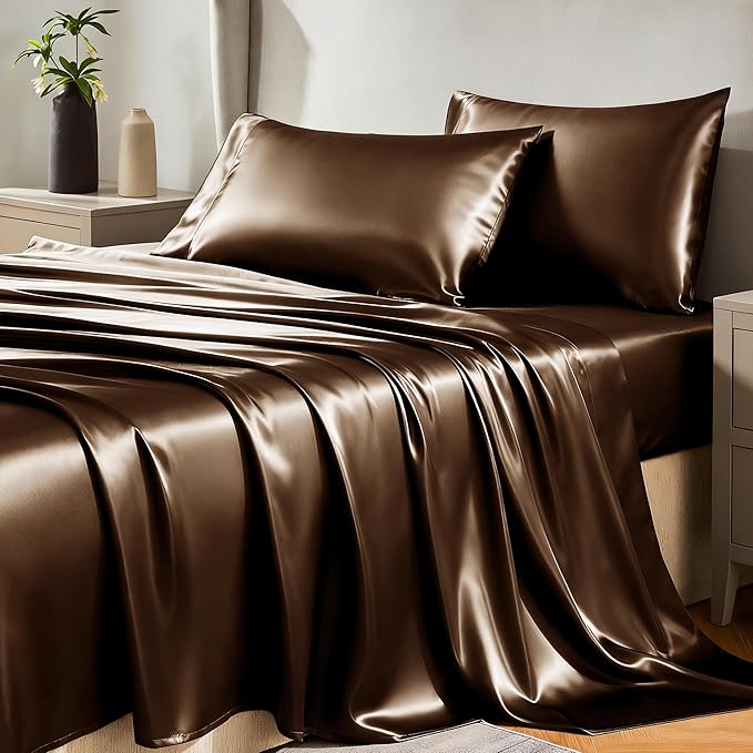 CozyLux Satin Sheets Full Size Sheets - 4 Piece Silky Full Size Bed Sheets, Luxury Brown Full Bed Set with Smooth and Soft Microfiber, Includes 1 Fitted Sheet, 1 Flat Sheet and 2 Pillowcases