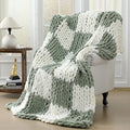 Tudomro Checkered Chunky Knit Throw Blanket for Couch 50 x 60 Inches Neutral Decor 100% Hand Knitted Cozy Soft Large Rope Knot Crochet Blankets for Sofa Living Room(Ivory and Sage Green)