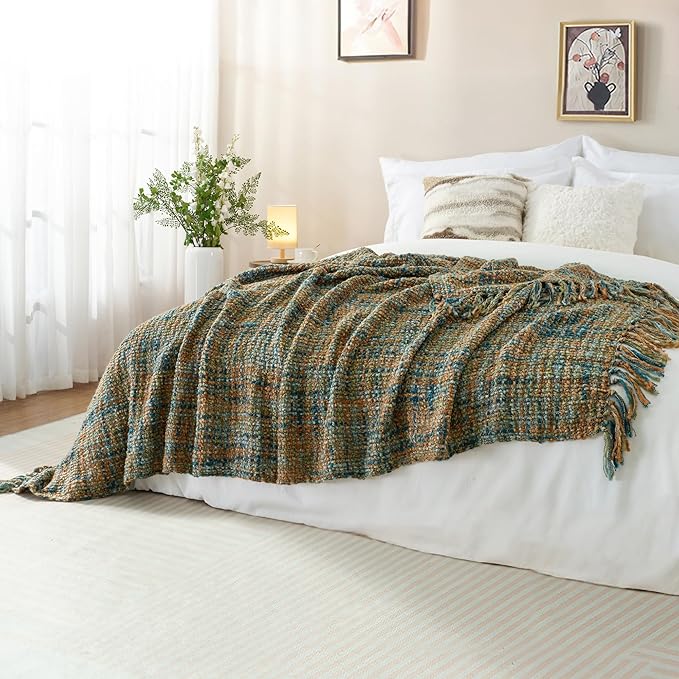 Multi-Color Gold Green Cable Woven Throw Blanket for Couch,60"X80" Boho Style Textured Blankets for Home Decor,Super Soft Warm Cozy Chunky Blanket with Decorative Tassels for Bed