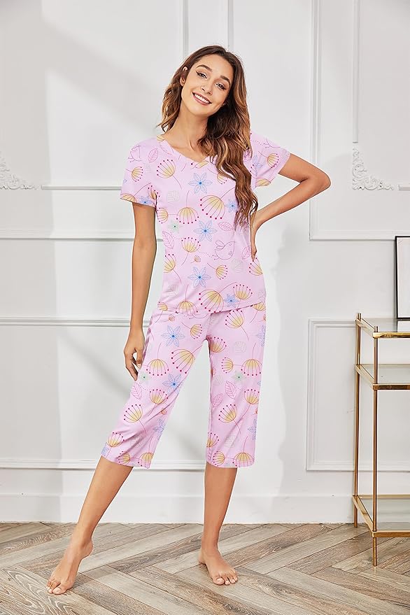 Ekouaer Women's Sleepwear Capri Pajama Sets Short Sleeve Two-Piece Pjs V Neck Tops & Capri Pants with Pockets S-3XL