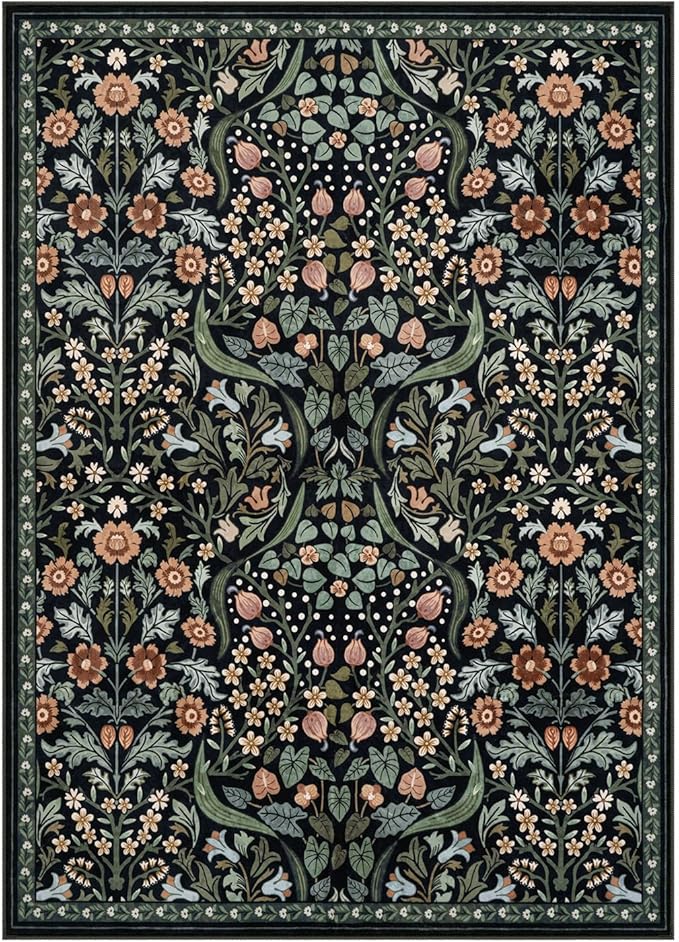Lahome Claude Floral 5x7 Rug for Living Room, Soft Washable Area Rugs for Bedroom, Botanical Thin Stain-Resistant Black Boho Carpet for Dining Room, Guestroom, Nursery Indoor