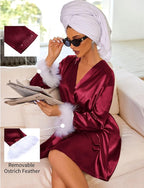 Ekouaer Women's Satin Robe Short Bridesmaid Bride Feather Bridal Robe Kimono Silky Long Sleeve Bathrobe S-XXL
