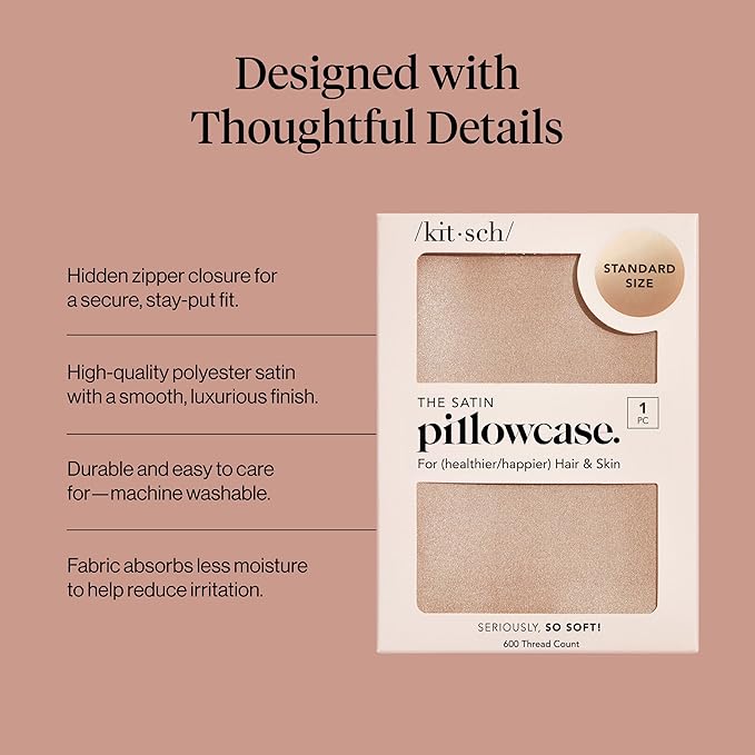 Kitsch Satin Pillowcase with Zipper for Hair & Skin - Softer Than Silk Pillow Cases, Cooling Satin Pillow Case, Wrinkle-Free, Machine Washable - Pillow Cases Standard Size 19x26 - Champagne