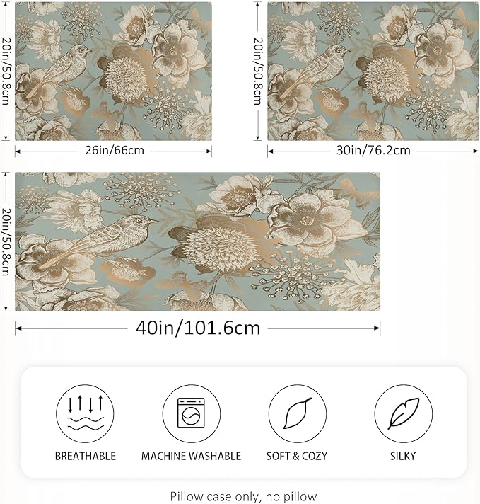 Vintage Peonies and Bird Satin Pillowcase for Hair and Skin, Blue and Gold Peonies Silk Pillow Case with Envelope Closure, King Size 20x40 inches, Sage Green, 1 PC
