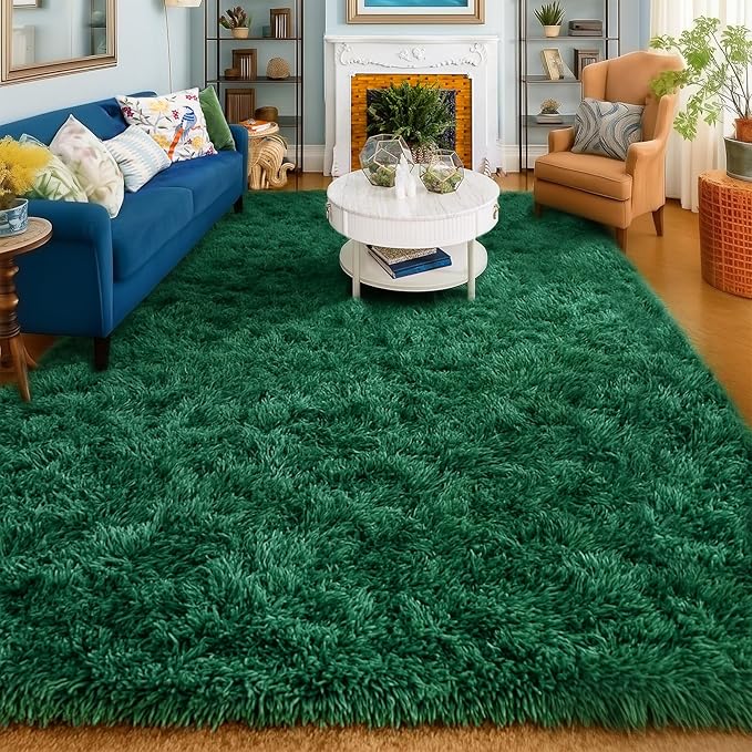 Amdrebio Dark Green Large Living Room Rug 6x9, Fluffy Area Rugs for Bedroom, Soft Fuzzy Shag Rug for Kids Playroom Dorm, Thick Big Modern Rugs for Living Room Decor, Plush Cool Emerald Green Carpet