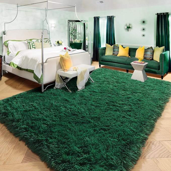 Amdrebio Dark Green Large Living Room Rug 6x9, Fluffy Area Rugs for Bedroom, Soft Fuzzy Shag Rug for Kids Playroom Dorm, Thick Big Modern Rugs for Living Room Decor, Plush Cool Emerald Green Carpet