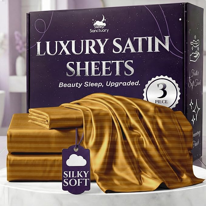 SLEEP SANCTUARY Satin Sheets Twin Size – 3 Piece Luxury Silky Bed Set, Softer Than Silk, 15" Deep Pocket, Cooling & Wrinkle-Free, Moisture-Wicking & Breathable for Hair & Skin (Striped Gold)