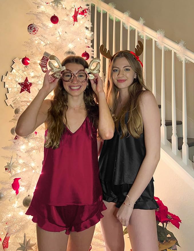 Ekouaer Satin Pajama Set for Women Silk Pjs for Women Set Camisole Top and Shorts with Ruffle Sleepwear