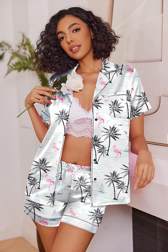 Ekouaer Womens Satin Silk Pajamas Set Short Sleeve Sleepwear Button Down Top and Shorts Loungewear 2 Piece Pjs Set S-XXL