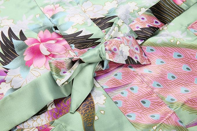 Women's Short Kimono Robes Bride and Bridesmaid Satin Floral Bathrobe Peacock Sleepwear Dressing Gown for Wedding Party