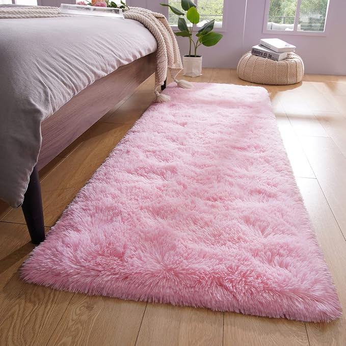 YJ.GWL Soft Area Rugs Fluffy Runner Rug for Bedroom Living Room 2x6 Feet, Pink Shag Rug Plush Carpet Non Slip for Nursery Dorm, Fuzzy Bedside Rug for Kids Boys Girls Room Home Decor