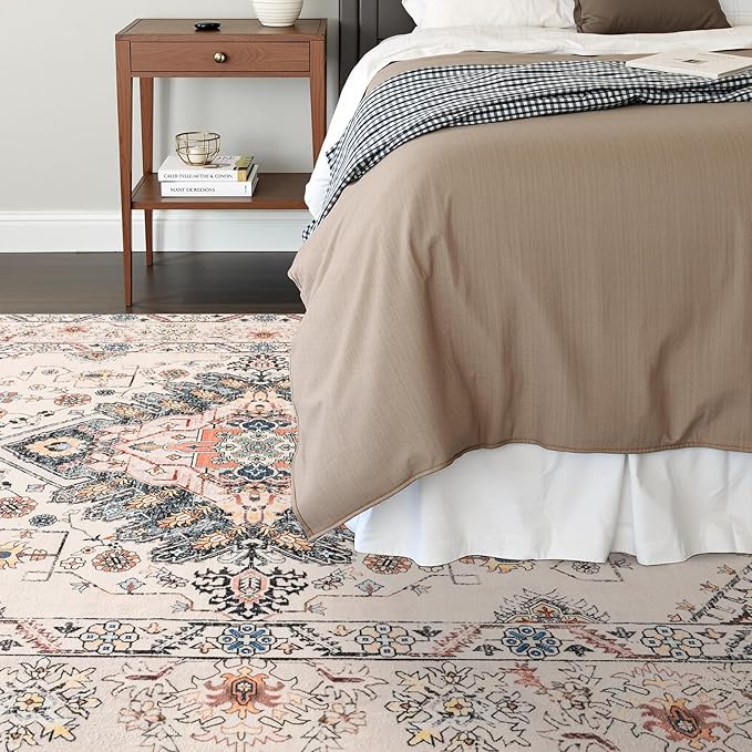 CRYPTOLITE Vintage Area Rug 5x8 Rugs, Machine Washable Vintage Area Rug Non-Slip Low Pile Large Rug for Living Room, Bedroom, Farmhouse, Dining Room, Beige