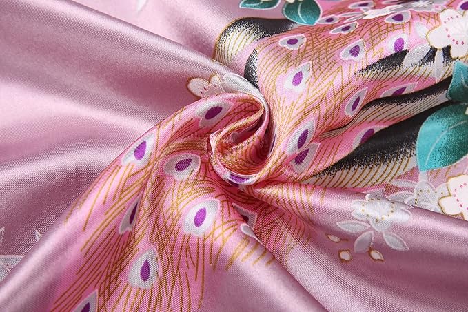 Women's Short Kimono Robes Bride and Bridesmaid Satin Floral Bathrobe Peacock Sleepwear Dressing Gown for Wedding Party