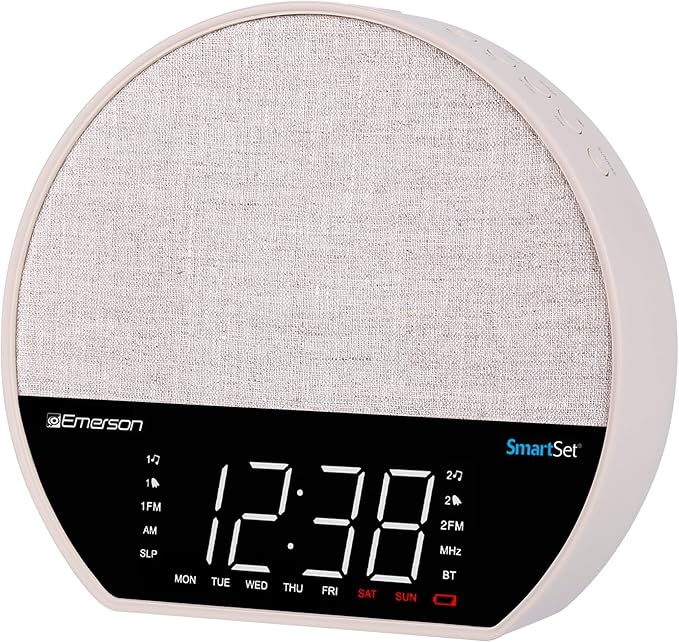 Emerson CKSS7071 Sunrise Smartset Alarm Clock Radio with 1.2" LED Display, White Noise, 6 Soothing Sounds, 8-Color Dimmable LED, Bluetooth Speaker, White