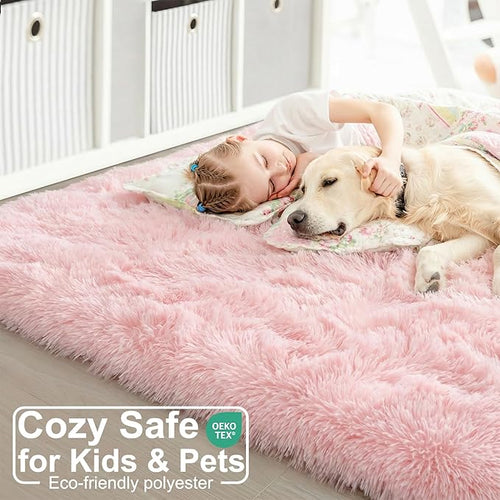 Amdrebio Pink Bedroom Rug 3x5 for Girls Room, Fluffy Plush Bedside Area Rugs for Kids Room Decor Aesthetic, Small Cute Indoor Floor Carpet, Fuzzy Shaggy Throw Rug for Preppy Dorm, Nursery, Playroom