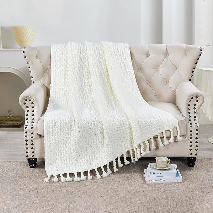 Chunky Knit Throw Blanket with Braided Tassels 50" x 60", Hand Knitted Soft Thick Yarn Basket Weave Boho Farmhouse Blanket, Plush Fluffy Tassel Decor Throw for Couch Bed Sofa, Cream