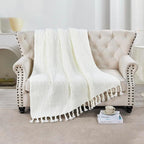 Chunky Knit Throw Blanket with Braided Tassels 50" x 60", Hand Knitted Soft Thick Yarn Basket Weave Boho Farmhouse Blanket, Plush Fluffy Tassel Decor Throw for Couch Bed Sofa, Cream
