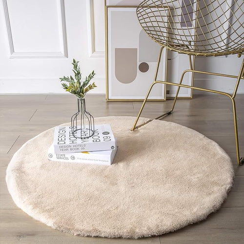 Ashler Faux Fur Rug, Ultra Soft Faux Rabbit Fur, Beige Area Rugs, 3 x 3 Feet Round, Machine Washable Nursery Decor Throw Rugs for Bedroom, Kids Room, Living Room