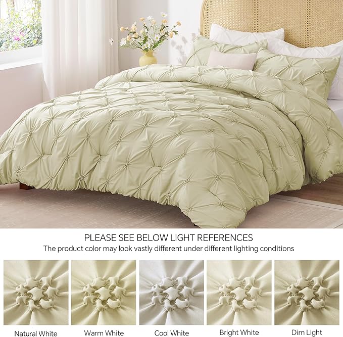 BEDELITE Beige Queen Comforter Set - 3 Pieces Boho Pintuck Bedding Comforter Sets, Lightweight Soft & Warm Bed Comforter Queen with 2 Pillowcases for All Season