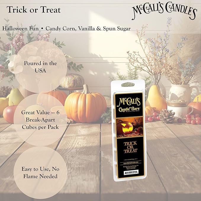McCall’s Candles | Trick Or Treat | Scented Wax Melt | Candied Pumpkin, Spiced Sugar & Fall Treats | 6-Piece Break-Apart Bar | 12–24 Hours Per Wedge | Poured in the USA | 5.5 oz