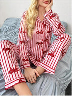 WDIRARA Women's 2 Piece Bowknot Print Satin Pajama Set Long Sleeve Button Down Lounge Pants Sleepwear Sets