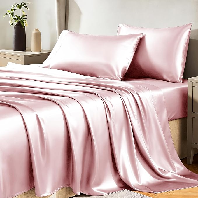 CozyLux Satin Sheets King Size Sheet Set - 4 Piece Silky King Sheets, Luxury Dirty Pink King Bed Set with Smooth and Soft Microfiber, Includes 1 Fitted Sheet, 1 Flat Sheet and 2 Pillowcases