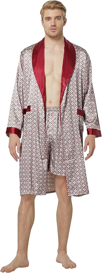 Tony & Candice Men's Satin Robe Lightweight Long Sleeve Silk Kimono Bathrobe with Shorts Set Sleepwear