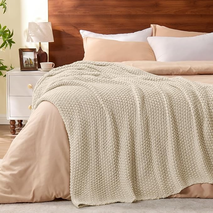 BEDELITE Chunky Cable Knit Throw Blanket for Couch,Super Soft Cozy Woven Blanket for Room Decor,60"x80", Beige