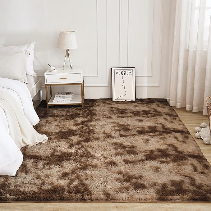 Litanika 3x5 Shag Area Rug for Living Room Bedroom, Tie-Dyed Brown High Pile Soft Plush Shaggy Furry Cream Bedside Playroom Dorm Carpet, Non-Slip, Non-Shedding Modern Indoor Floor Rug
